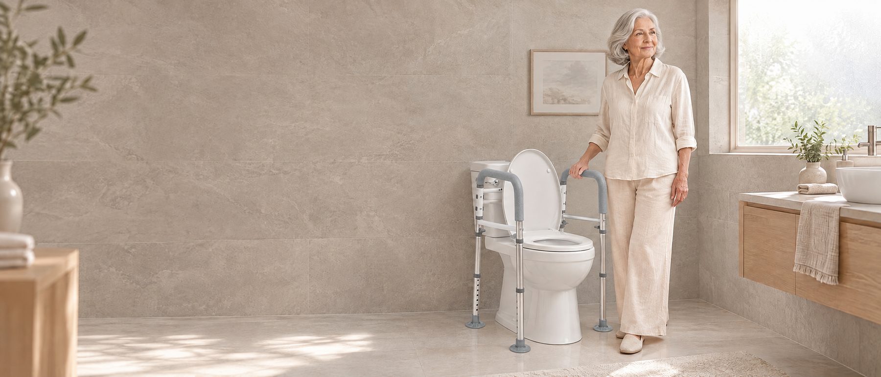 A woman with silver hair stands in a bright stone bathroom, one hand on the light grey padded armrest of an Abrielder toilet safety rail.