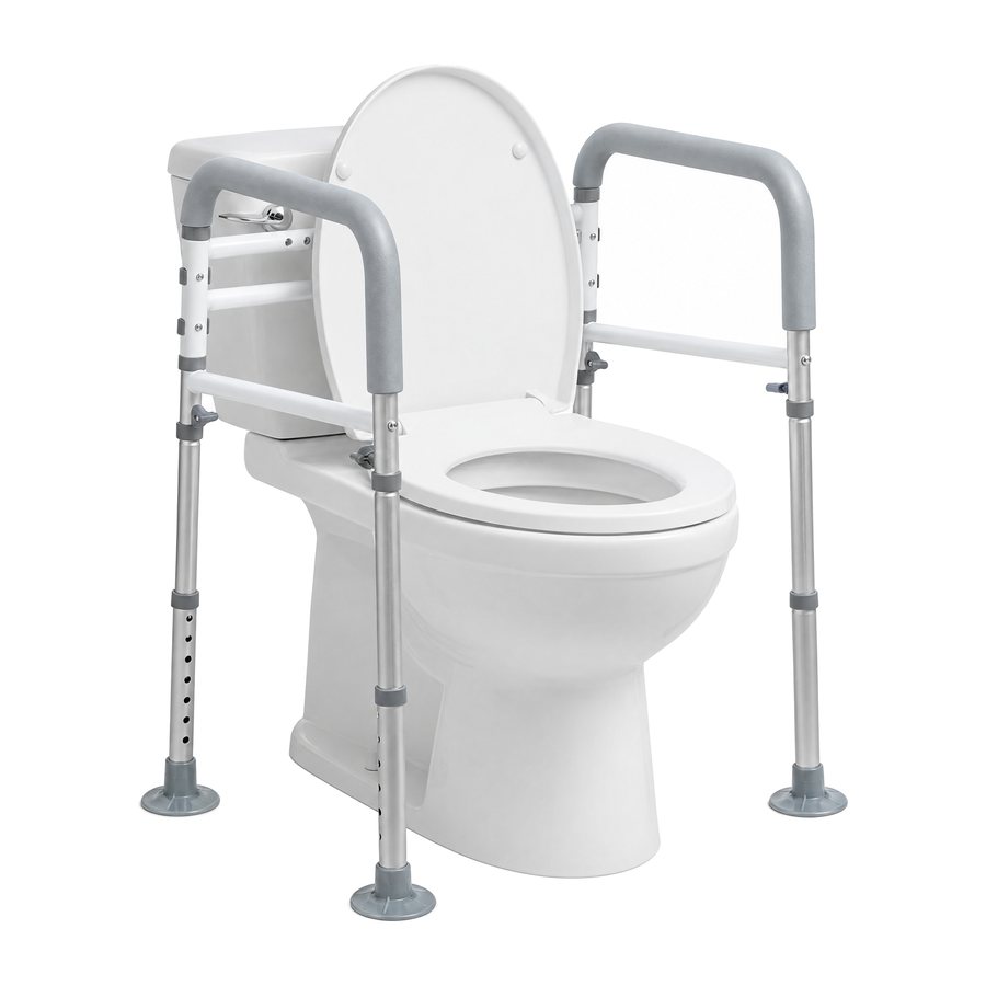 The Abrielder toilet safety rail around a white toilet: light grey padded armrests, white bars, silver aluminium legs and four grey suction-cup feet.